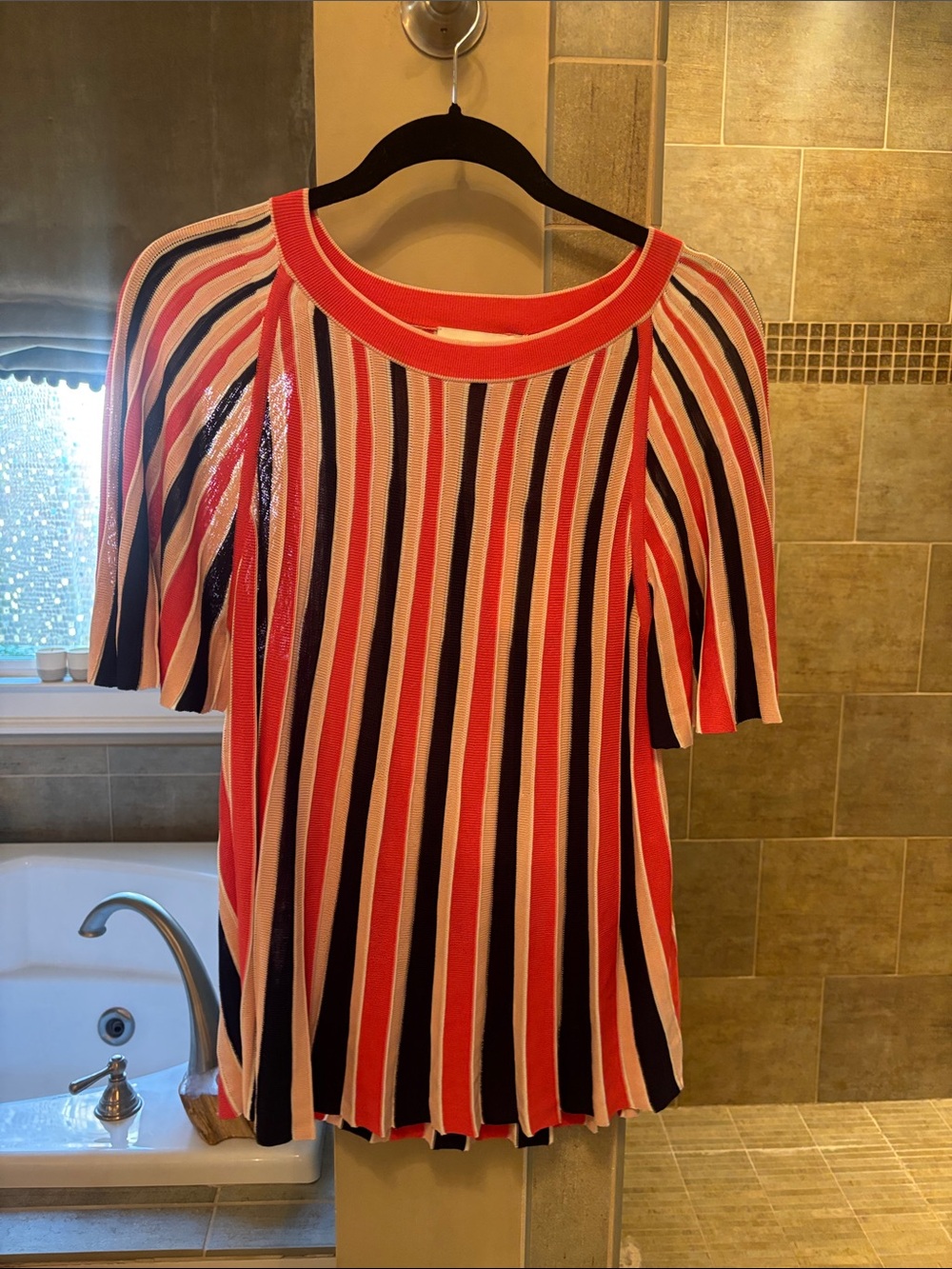 Striped Short-Sleeve Knit Top in Coral, Navy & Cream